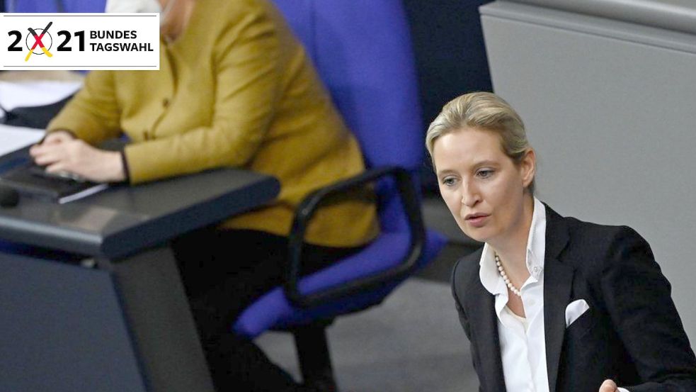 Alice Weidel am Rednerpult des Bundestages, im Hintergrund auf der Regierungsbank Kanzlerin Angela Merkel. Foto: TOBIAS SCHWARZ / AFP