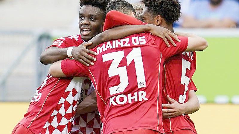 Die Mainzer bejubeln das 1:0 in Hoffenheim. Foto: Uwe Anspach/dpa