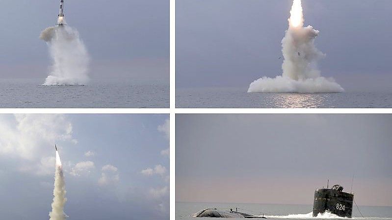 Diese Kombination von vier Fotos, die von der nordkoreanischen Regierung zur Verfügung gestellt wurden, zeigt eine ballistische Rakete, die in Nordkorea von einem U-Boot aus gestartet wurde. Foto: ---/KCNA via KNS via AP /dpa