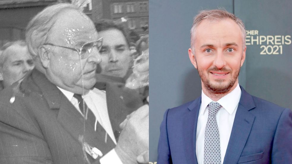 Collage: Jan Böhmermann hat aus den Eierwürfen auf Helmut Kohl ein Musical für das ZDF Magazin Royale gemacht. Foto: dpa/Peter Kneffel/dpa und Imago images/C. Hardt/FuturexImage