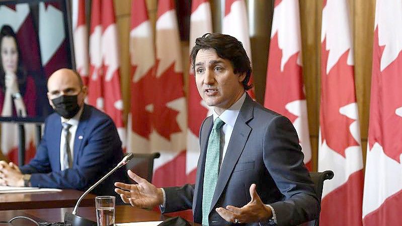 Kanadas Premierminister Justin Trudeau bei einer Pressekonferenz zum Coronavirus. Foto: Justin Tang/The Canadian Press via ZUMA/dpa