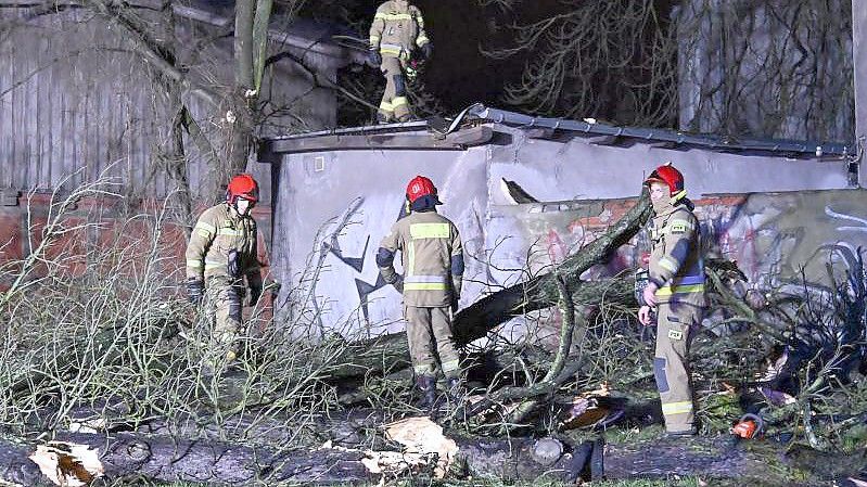 Feuerwehrleute räumen im polnischen Stettin eine Straße, die durch einen umgestürzten Baum blockiert ist. Foto: Marcin Bielecki/PAP/dpa