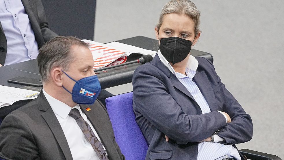 Die AfD-Fraktionschefs Tino Chrupalla und Alice Weidel im Bundestag Foto: Michael Kappeler