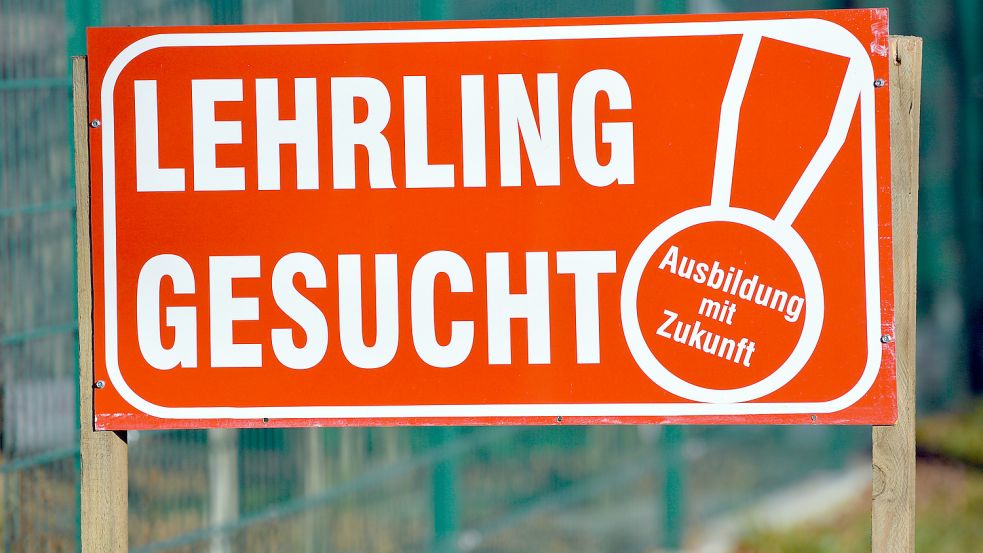 Ein Schild mit der Aufschrift „Lehrling gesucht“ steht vor einem Handwerksbetrieb. Foto: DPA