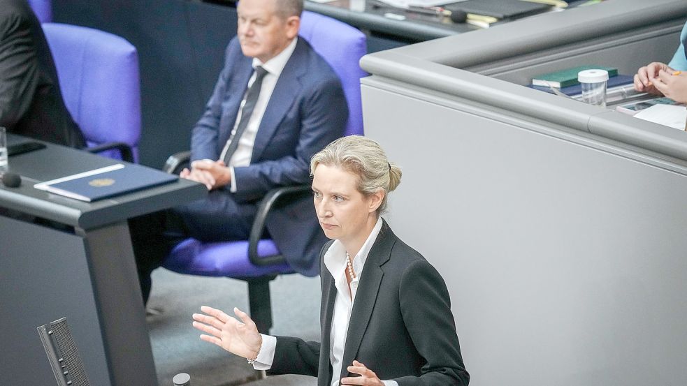 AfD-Politikerin Alice Weidel spricht im Bundestag, im Hintergrund Bundeskanzler Olaf Scholz Foto: dpa/Kay Nietfeld