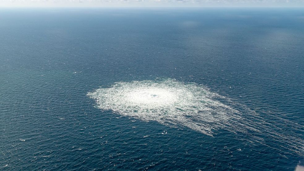 Das Nord-Stream-2-Gasleck in der Nähe von Bornholm aus der Luft. Foto: dpa/Danish Defence Command