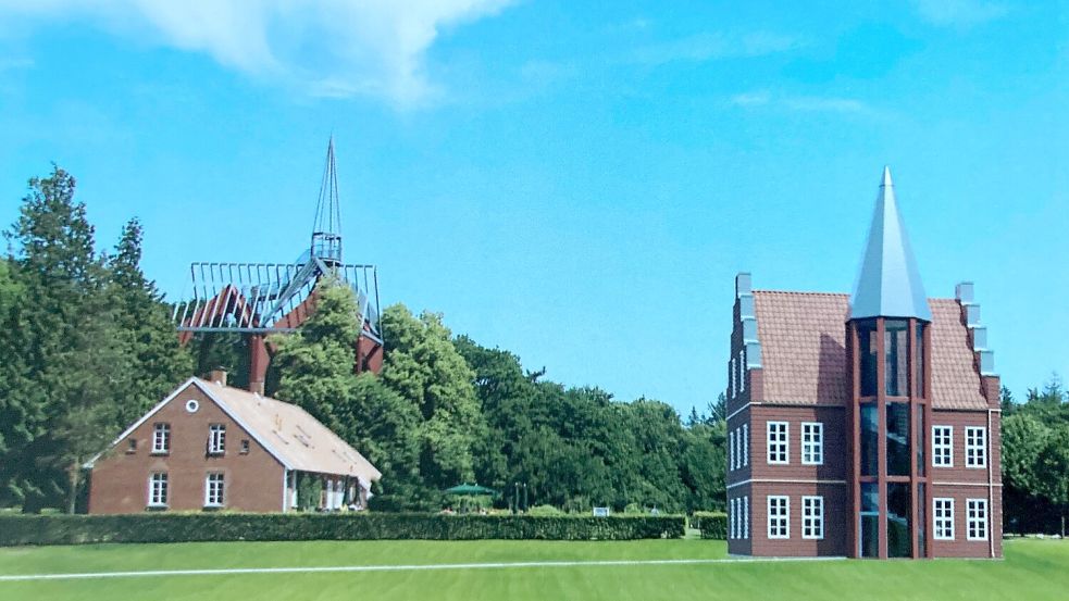 Zukunftsvision: Geht es nach den Vorstellungen des Klostervereinsvorsitzenden Bernd Buttjer, passt das Jagdschloss (rechts im Bild) perfekt in das Ensemble von Kloster und Forsthaus. Repro: Udo Hippen