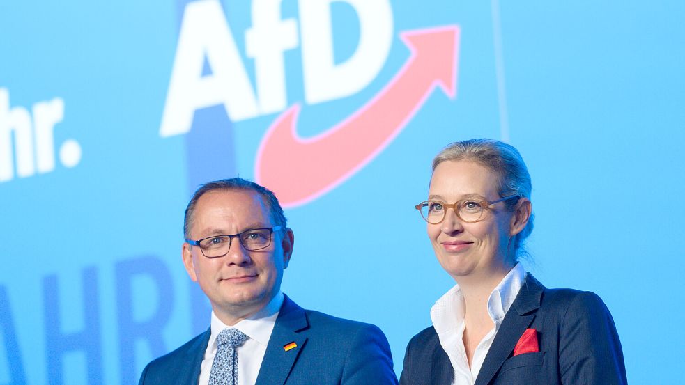 Das AfD-Spitzenduo Chrupalla und Weidel: Die Politiker attackierten die derzeitige Ampel-Regierung scharf. Foto: dpa