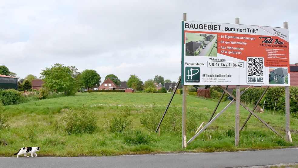 An der künftigen Zufahrt zum neuen Bauland von der Burgstraße in Marienhafe-Tjüche steht ein Bauschild, das auf das Projekt „Bummert Trift“ hinweist. Foto: Thomas Dirks