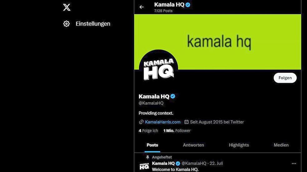 Inspiriert von Charli XCX: Wahlkampf-Account von Kamala Harris auf X mit grünem Logo. Foto: Kamala Harris/X/dpa