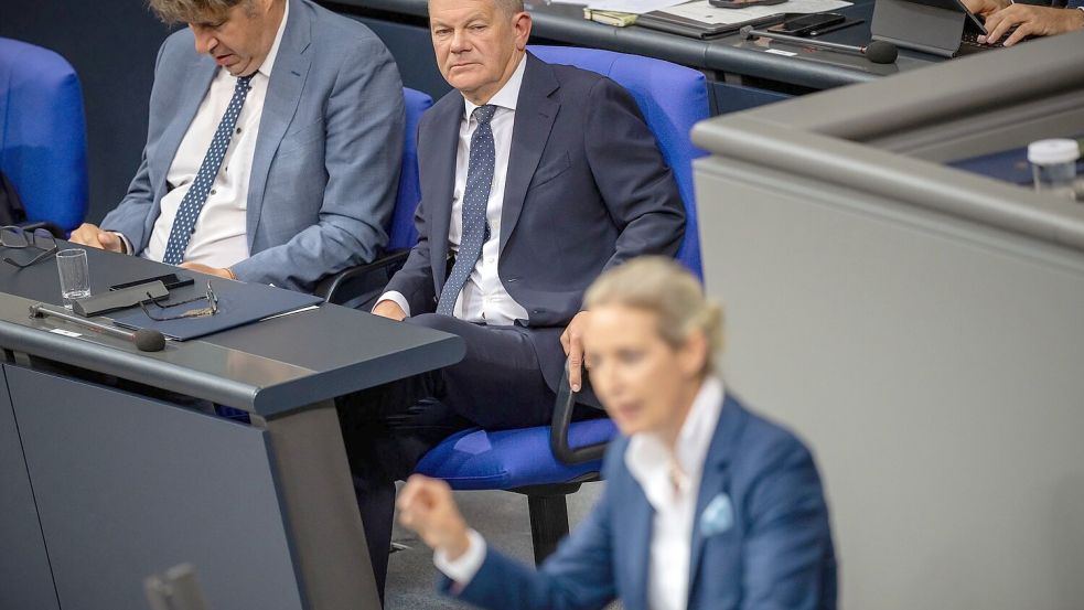 AfD-Co-Fraktionschefin Alice Weidel nannte Scholz einen „Kanzler des Niedergangs“ Foto: Michael Kappeler/dpa