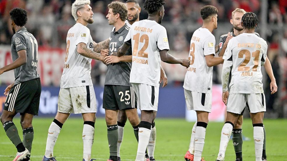 Kein Sieger im Spitzenspiel: Die Spieler des FC Bayern und von Bayer Leverkusen trennen sich mit einem Remis. Foto: Peter Kneffel/dpa