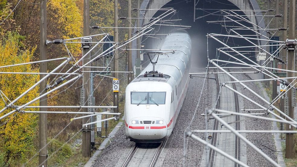 Ein ICE fährt auf der Schnellfahrstrecke Stuttgart - Mannheim nahe der Enztalbrücke aus einem Tunnel heraus. Foto: Christoph Schmidt/dpa