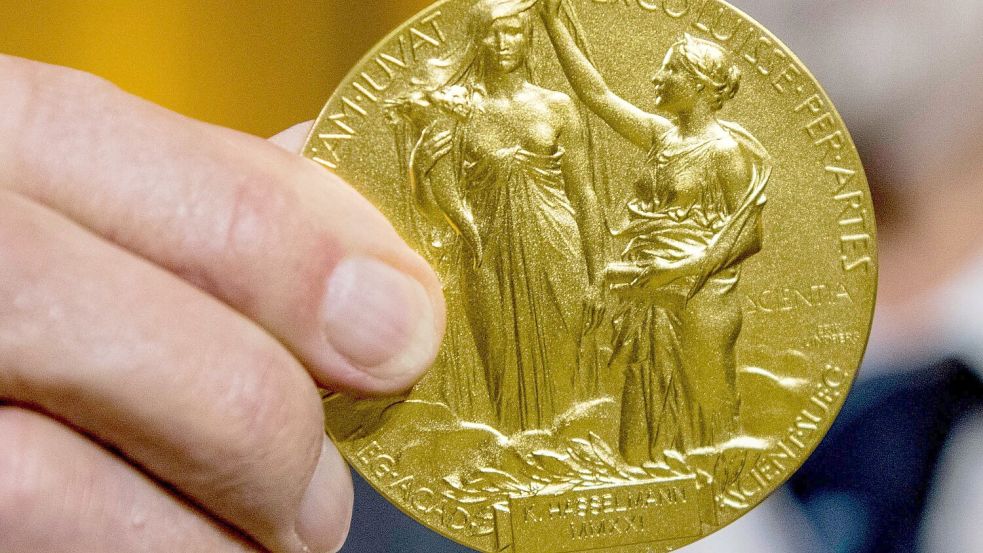 Die Rückseite der Nobel-Medaille für Physik stellt die Natur in Form einer Göttin dar, die ein Füllhorn hält. Der Schleier, der ihr Gesicht bedeckt, wird vom Genie der Wissenschaft hochgehalten. (Archivbild) Foto: Stefanie Loos/AP-Pool/dpa