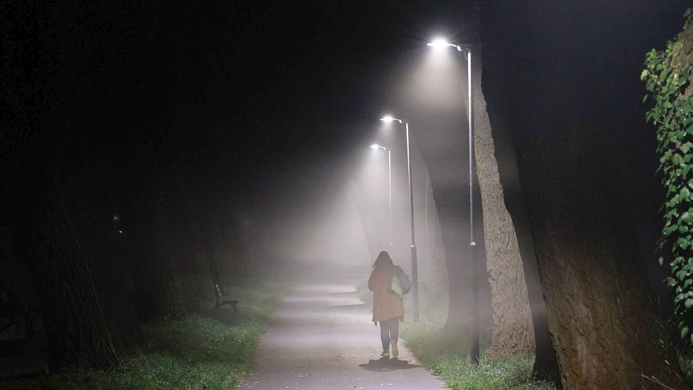 Eine Frau geht auf einem ausgeleuchteten Weg. Foto: Daniel Karmann/DPA