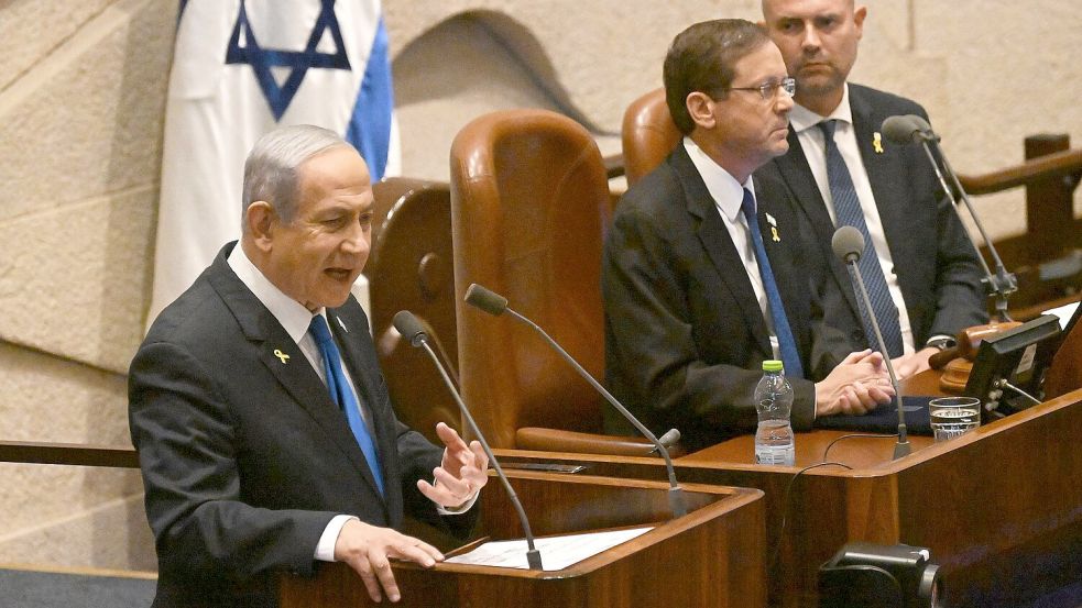 Der israelische Ministerpräsident Benjamin Netanjahu im Parlament Foto: Debbie Hill/UPI Pool via AP/dpa