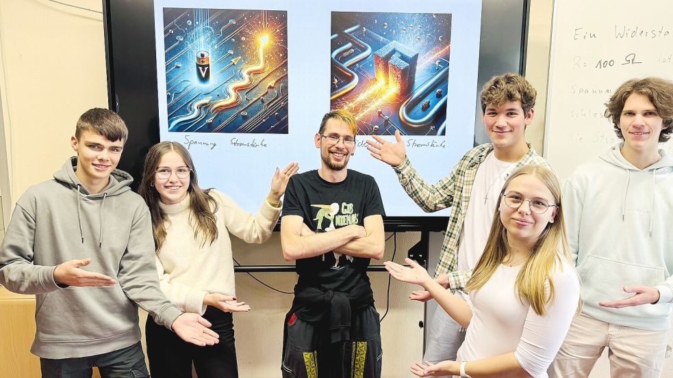 Kai Passchier mit seinem Physik-Leistungskurs an der IGS Marienhafe-Moorhusen. Foto: Ankea Janßen