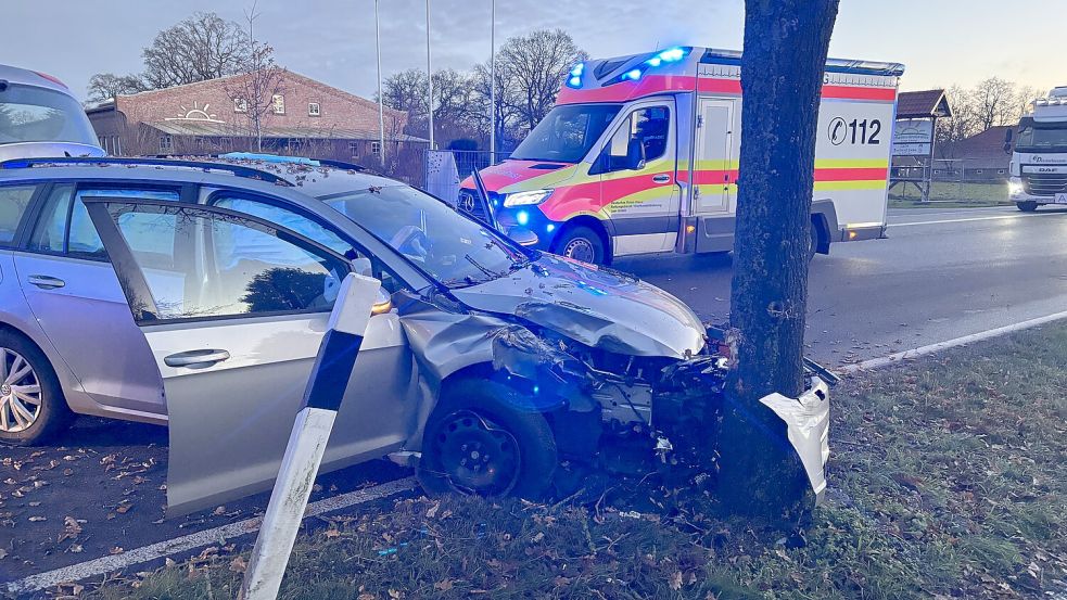 Aus bislang ungeklärter Ursache ist die Fahrzeugführerin mit ihrem Wagen von der Straße abgekommen und dann gegen einen Baum geprallt. Foto: Ammermann