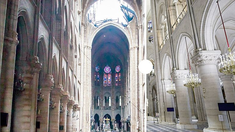 Das Feuer in Frankreichs berühmtester Kirche riss ein großes Loch in die Decke des Kirchenschiffes. Nach den aufwendigen Restaurationsarbeiten ist das Dach nun wieder ganz. Foto: dpa/Christophe Petit Tesson/Stephane de Sakutin // Montage: Flourish