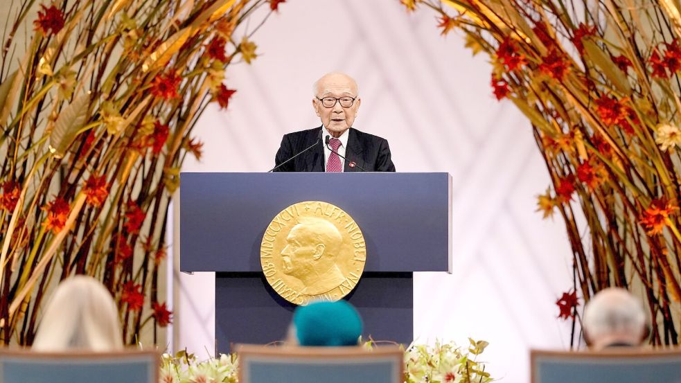 Terumi Tanaka hielt den Nobelvortrag im Namen seiner Organisation. Foto: Heiko Junge/NTB/dpa