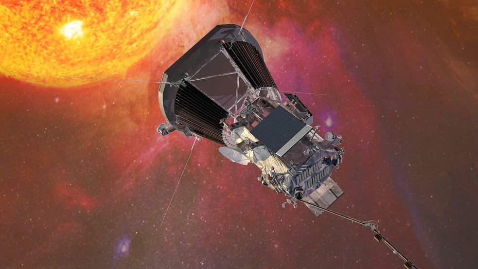 Die Computergrafik zeigt die „Parker Solar Probe“-Sonde der US-Raumfahrtbehörde Nasa auf dem Weg zur Sonne. Foto: Johns Hopkins University Applied Physics Laboratory/Nasa/dpa