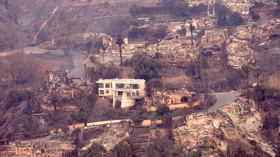 Die Verwüstung durch das Feuer ist aus der Luft im Stadtteil Pacific Palisades von Los Angeles zu sehen. Foto: Mark J. Terrill/AP/dpa