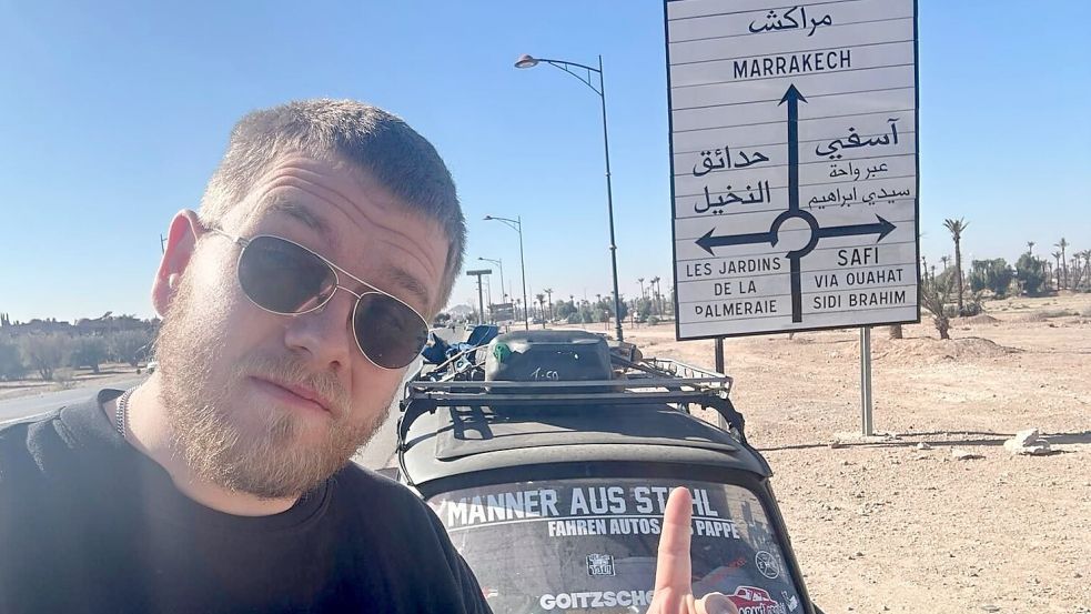 Das Ziel schon in Sicht: Max Cornelius hat es tatsächlich mit dem Trabi bis nach Marrakesch geschafft. Foto: privat