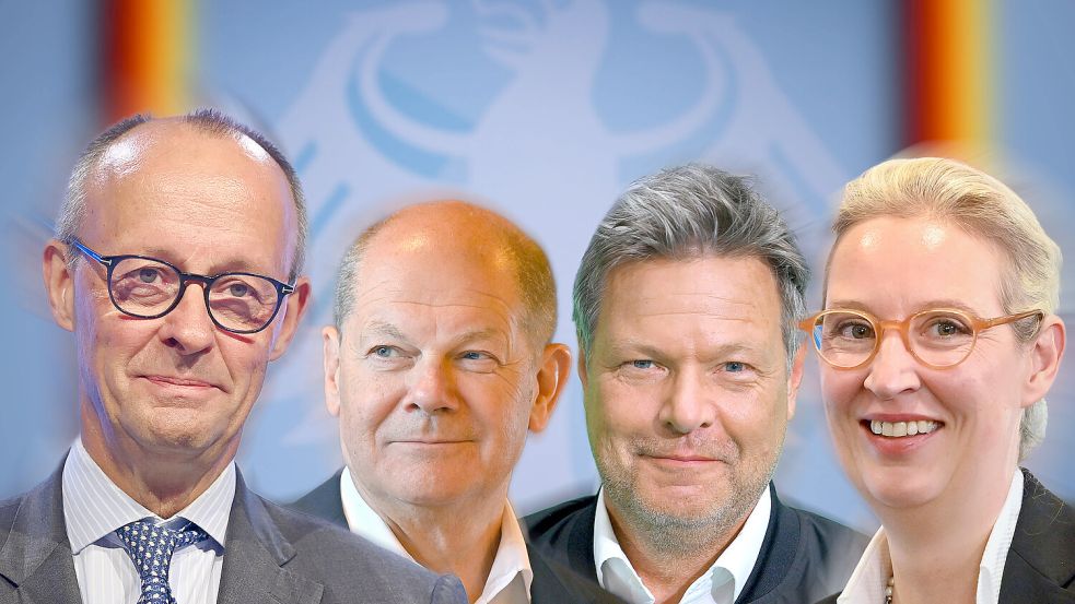 Vor dem großen Wahltag am 23. Februar treffen sich die vier Kanzlerkandidaten Friedrich Merz (CDU, v. l.), Olaf Scholz (SPD), Robert Habeck (Grüne) und Alice Weidel (AfD) in mehreren TV-Debatten aufeinander. Foto: IMAGO/Sven Simon