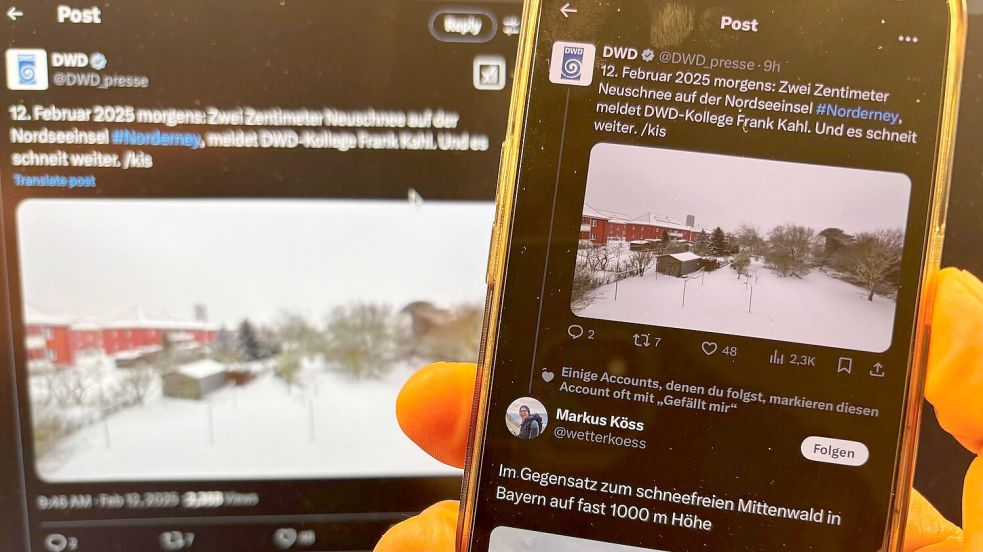 Ein Kollege des Deutschen Wetterdienstes postete ein Schneefoto von Norderney bei X.