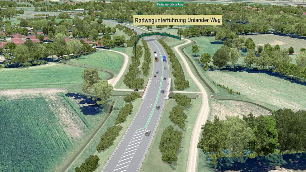 Eine Visualisierung der geplanten Auricher Ortsumfahrung B 210 n. So könnte die Straße durch Rahe gelegt werden. Die Eingriffe in die Natur wären immens. Grafik: Landesbehörde