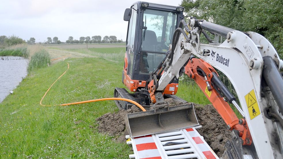 Minibagger sind derzeit auf dem Deich des Ems-Jade-Kanals zwischen Riepe und Emden-Uphusen im Einsatz.Foto: Aiko Recke